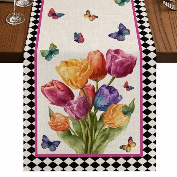 Table Runners 72 Inches Long Dress Scarves, Spring Tulips Farmhouse Kitchen/Dining Table Runner, Coffee Tablerunners, Colorful Flowers Botanical Butterfly Vintage 13x72 Inch