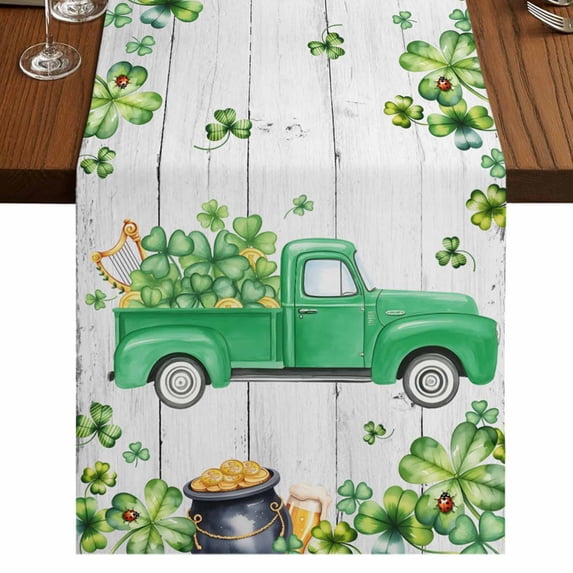 Table Runners 72 Inches Long Dress Scarves, St. Patrick's Day Farmhouse Kitchen Table Runner, Coffee Tablerunners, Green Truck Lucky Shamrocks Rustic Wooden 14x72 Inch