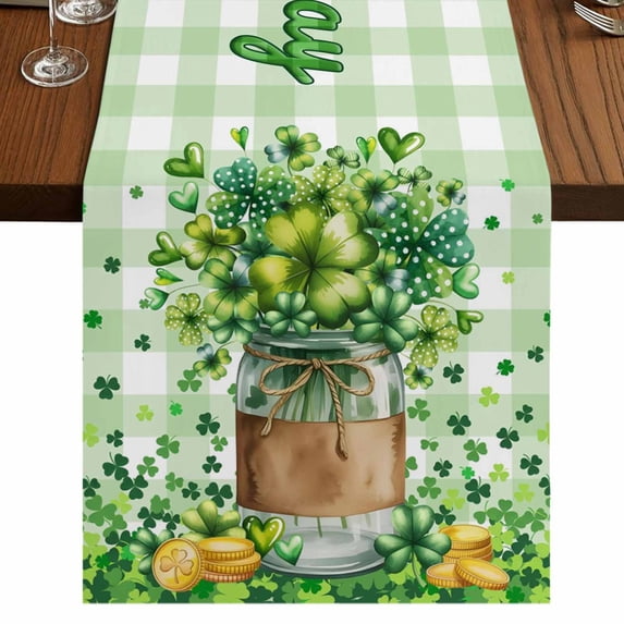 Table Runners 72 Inches Long Dress Scarves, St. Patrick's Day Farmhouse Kitchen Table Runner, Coffee Tablerunners, Spring Botanical Clovers Coin Green Check 18x72 Inch