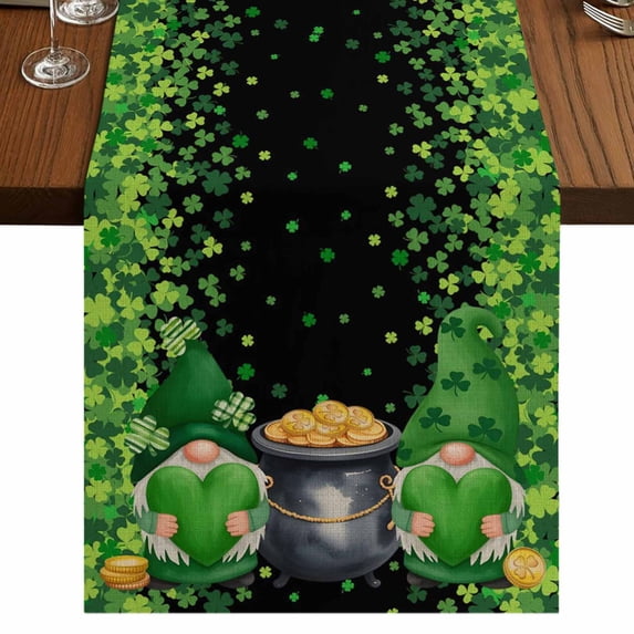 Table Runners 72 Inches Long Dress Scarves, St. Patrick's Day Farmhouse Kitchen Table Runner, Coffee Tablerunners, Spring Lucky Shamrocks Green Gnomes Black 14x72 Inch