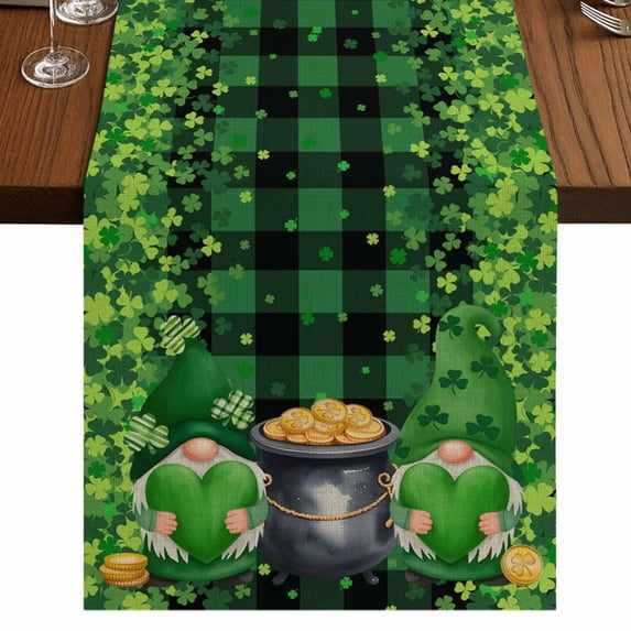 Table Runners 72 Inches Long Dress Scarves, St. Patrick's Day Farmhouse Kitchen Table Runner, Coffee Tablerunners, Spring Lucky Shamrocks Green Gnomes Plaid 16x72 Inch