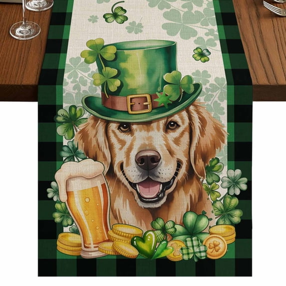 Table Runners 72 Inches Long Dress Scarves, St Patricks Day Farmhouse Kitchen Table Runner, Coffee Tablerunners, Farmhouse Watercolor Dogs Green Shamrock 18x72 Inch