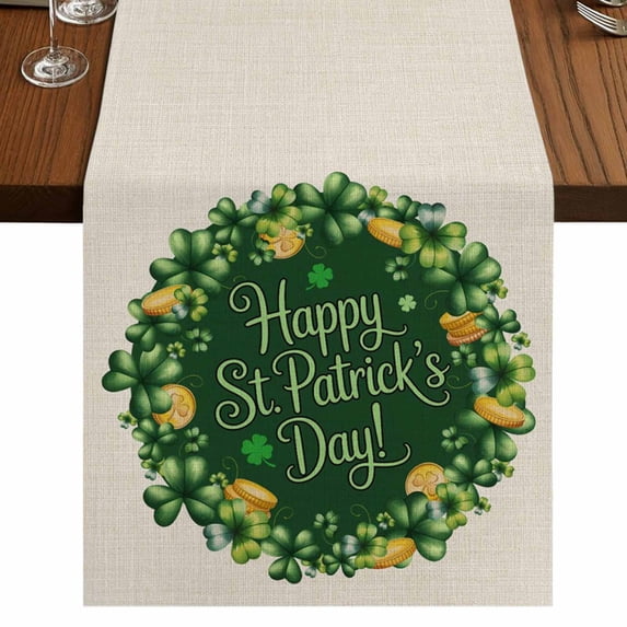 Table Runners 72 Inches Long Dress Scarves, St Patricks Day Farmhouse Kitchen Table Runner, Coffee Tablerunners, Spring Gold Coin Green Shamrock on Linen 18x72 Inch