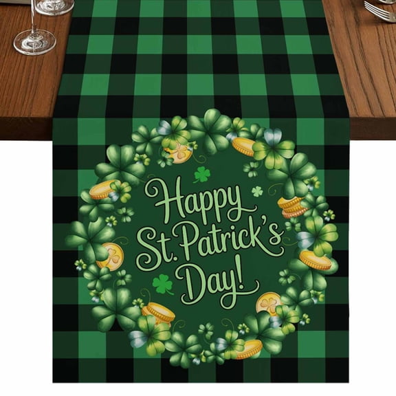 Table Runners 72 Inches Long Dress Scarves, St Patricks Day Farmhouse Kitchen Table Runner, Coffee Tablerunners, Spring Gold Coin Green Shamrock Plaid 14x72 Inch