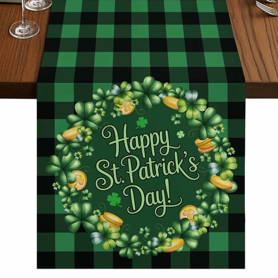 Table Runners 72 Inches Long Dress Scarves, St Patricks Day Farmhouse Kitchen Table Runner, Coffee Tablerunners, Spring Gold Coin Green Shamrock Plaid 16x72 Inch