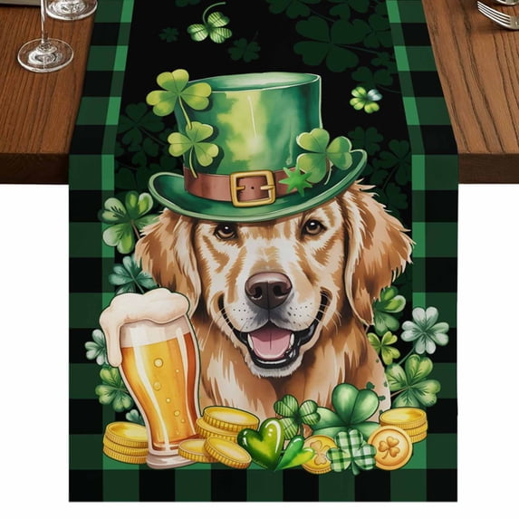 Table Runners 72 Inches Long Dress Scarves, St Patricks Day Farmhouse Kitchen Table Runner, Coffee Tablerunners, Watercolor Dogs Green Shamrock Plaid 14x72 Inch