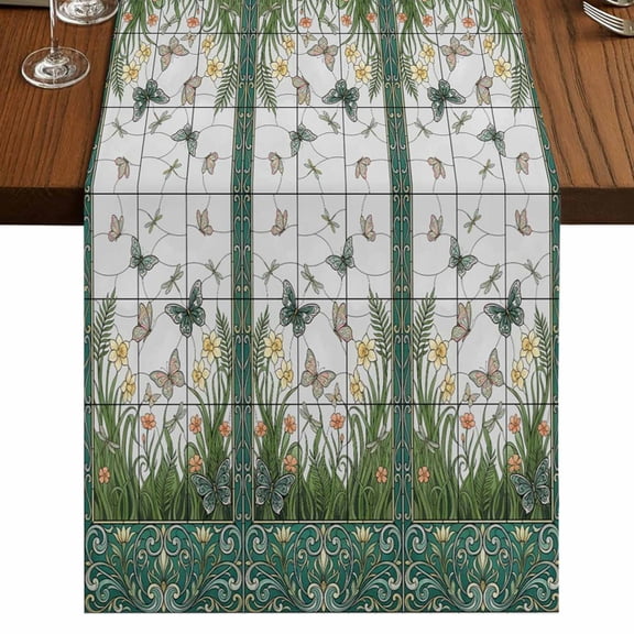 Table Runners 72 Inches Long Dress Scarves, Stained Glass Farmhouse Kitchen/Dining Table Runner, Coffee Tablerunners, Butterfly Flowers Spring Watercolor Plant 14x72 Inch