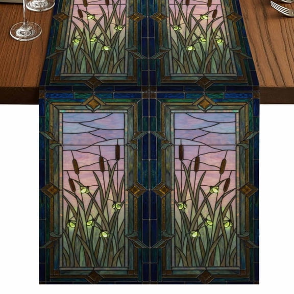 Table Runners 72 Inches Long Dress Scarves, Stained Glass Farmhouse Kitchen/Dining Table Runner, Coffee Tablerunners, Vintage Abstract Botanical Plant 14x72 Inch