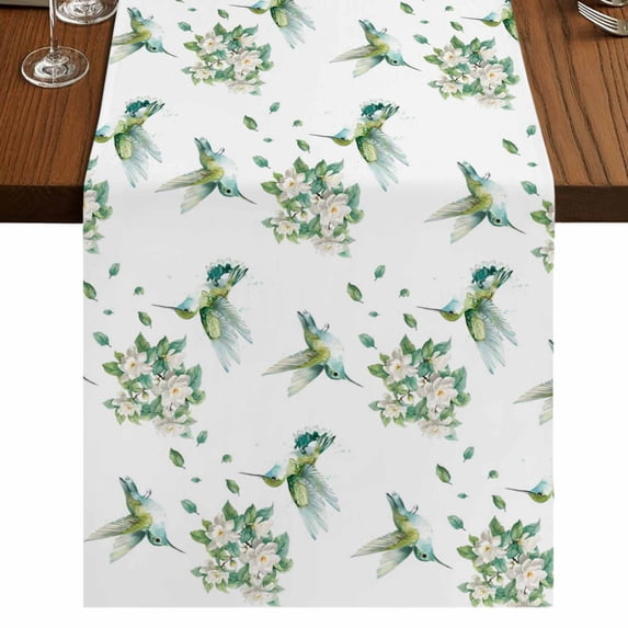 Table Runners 72 Inches Long Dress Scarves, Summer Botanical Farmhouse Kitchen/Dining Table Runner, Coffee Tablerunners, Green Spring Floral Birds Watercolor 13x72 Inch