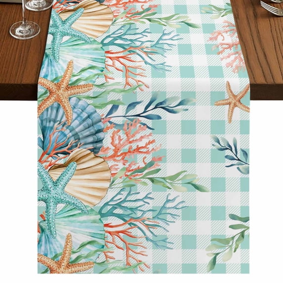 Table Runners 72 Inches Long Dress Scarves, Summer Coastal Farmhouse Kitchen/Dining Table Runner, Coffee Tablerunners, Watercolor Corals Shells Starfish Green Plaid 13x72 Inch