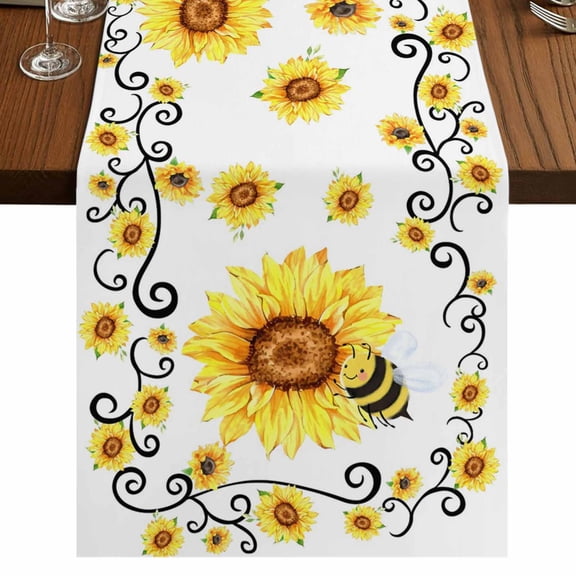Table Runners 72 Inches Long Dress Scarves, Sunflower Bees Farmhouse Kitchen Table Runner, Coffee Tablerunners, Spring Summer Farmhouse Floral Watercolor 14x72 Inch