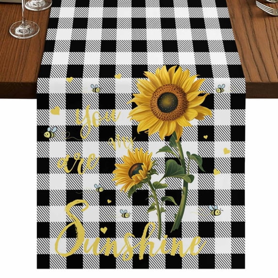 Table Runners 72 Inches Long Dress Scarves, Sunflowers Farmhouse Kitchen/Dining Table Runner, Coffee Tablerunners, Spring Summer Bees Floral Black Plaid 18x72 Inch