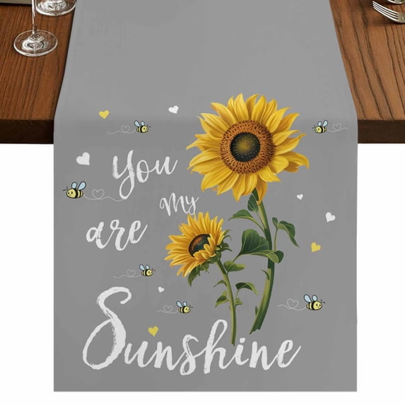 Table Runners 72 Inches Long Dress Scarves, Sunflowers Farmhouse Kitchen/Dining Table Runner, Coffee Tablerunners, Spring Summer Bees Yellow Floral Grey 14x72 Inch