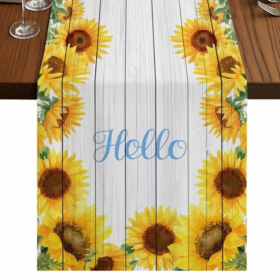 Table Runners 72 Inches Long Dress Scarves, Sunflowers Farmhouse Kitchen/Dining Table Runner, Coffee Tablerunners, Yellow Flowers Summer Botanical Pastoral Wooden 18x72 Inch