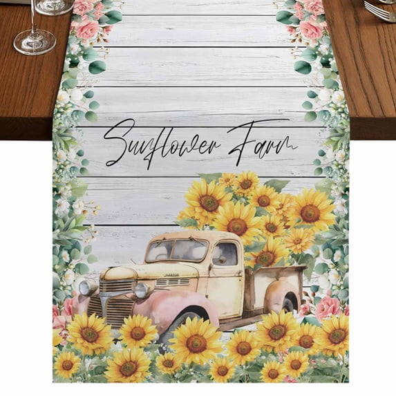 Table Runners 72 Inches Long Dress Scarves, Sunflowers Trucks Farmhouse Kitchen/Dining Table Runner, Coffee Tablerunners, Spring Farmhouse Eucalyptus Gray Wooden 14x72 Inch
