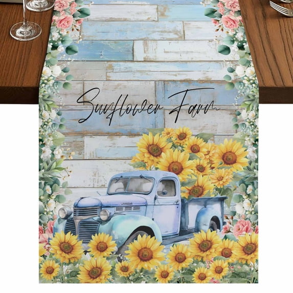 Table Runners 72 Inches Long Dress Scarves, Sunflowers Trucks Farmhouse Kitchen/Dining Table Runner, Coffee Tablerunners, Spring Farmhouse Eucalyptus Teal Wood 16x72 Inch