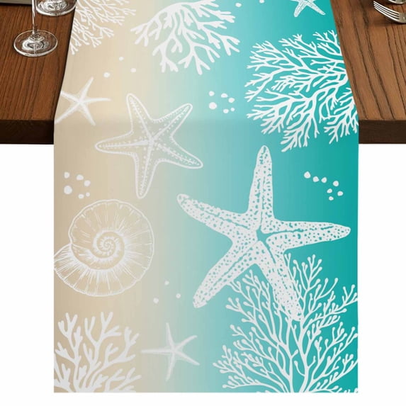 Table Runners 72 Inches Long Dress Scarves, Teal Beige Ombre Coastal Farmhouse Kitchen/Dining Table Runner, Coffee Tablerunners, Nautical Beach Starfish Coral Summer 14x72 Inch