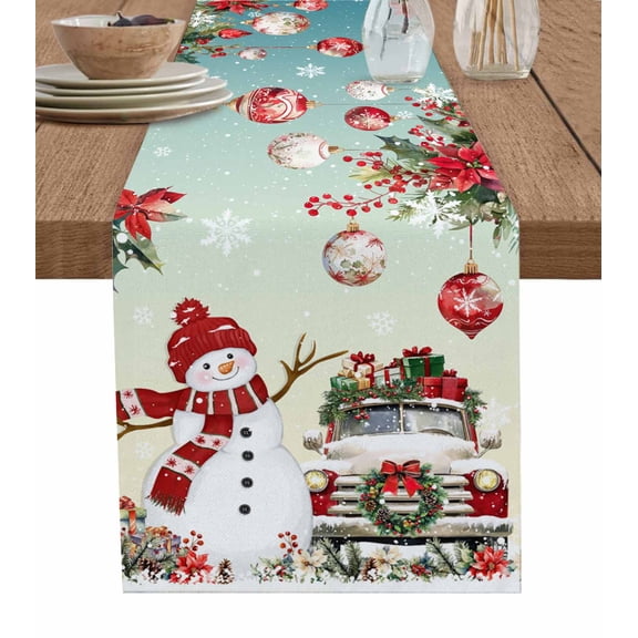 Table Runners 72 Inches Long Dress Scarves, Teal Christmas Farmhouse Kitchen/Dining Table Runner, Coffee Tablerunners, Snowman Truck Xmas Balls Snowflake 13x72 Inch