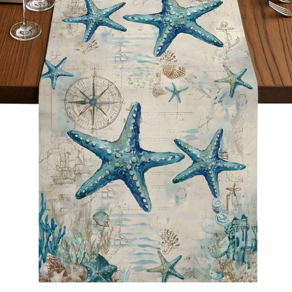 Table Runners 72 Inches Long Dress Scarves, Teal Starfish Coastal Farmhouse Kitchen/Dining Table Runner, Coffee Tablerunners, Vintage Summer Beach Nautical 13x72 Inch