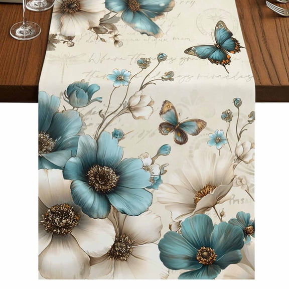 Table Runners 72 Inches Long Dress Scarves, Teal Tulip Butterfly Farmhouse Kitchen/Dining Table Runner, Coffee Tablerunners, Turquoise Floral Farmhouse Beige 16x72 Inch