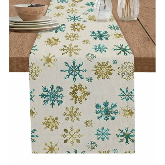 Table Runners 72 Inches Long Dress Scarves, Teal Yellow Snowflake Christmas Farmhouse Kitchen/Dining Table Runner, Coffee Tablerunners, Xmas Snowflake Rustic 13x72 Inch