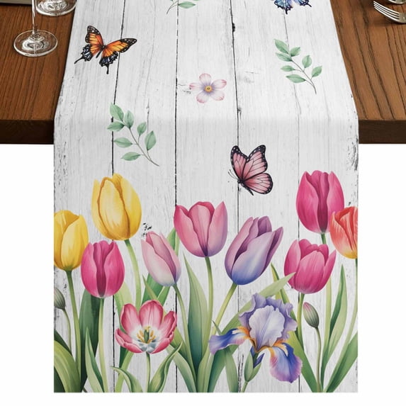Table Runners 72 Inches Long Dress Scarves, Tulips Spring Floral Farmhouse Kitchen Table Runner, Coffee Tablerunners, Pastoral Flowers Butterfly Wooden 18x72 Inch