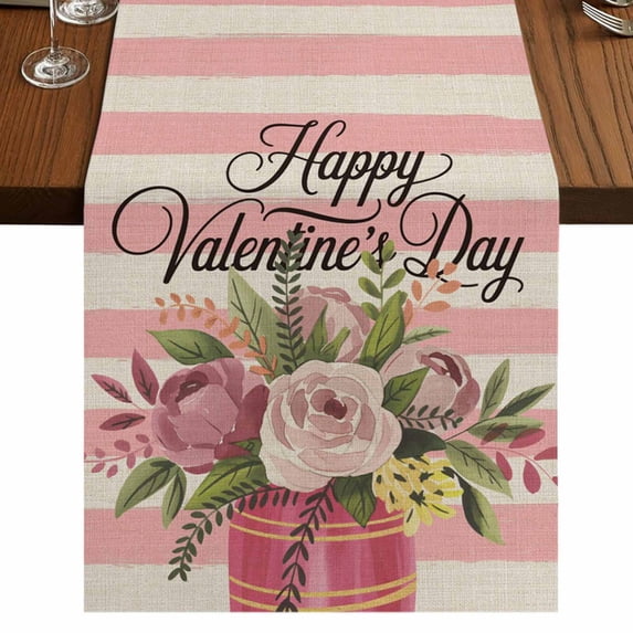 Table Runners 72 Inches Long Dress Scarves, Valentine's Day Farmhouse Kitchen Table Runner, Coffee Tablerunners, Pink Roses Flowers Stripes Rustic Beige 14x72 Inch