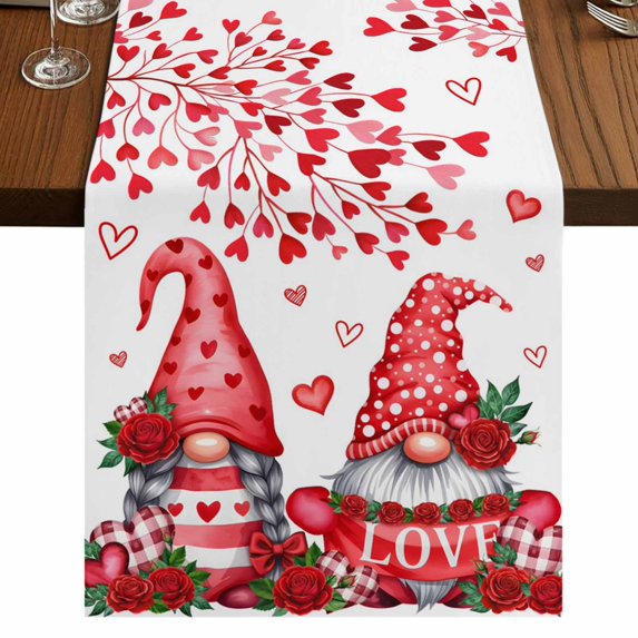 Table Runners 72 Inches Long Dress Scarves, Valentine's Day Farmhouse Kitchen Table Runner, Coffee Tablerunners, Red Gnomes Love Roses Romantic White 14x72 Inch