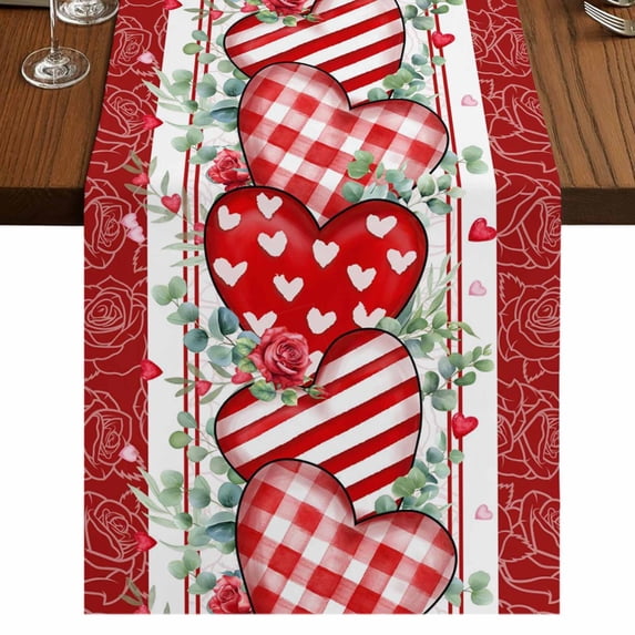 Table Runners 72 Inches Long Dress Scarves, Valentine's Day Farmhouse Kitchen Table Runner, Coffee Tablerunners, Red Love Heart Eucalyptus Romance Striped 16x72 Inch