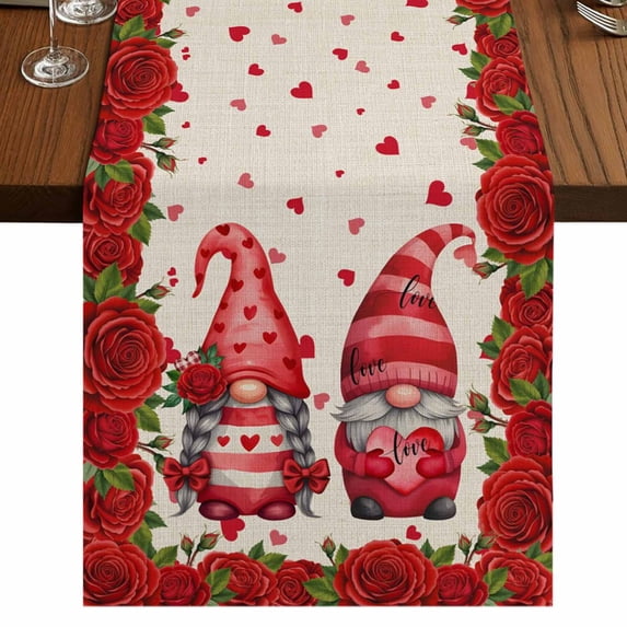 Table Runners 72 Inches Long Dress Scarves, Valentine's Day Farmhouse Kitchen Table Runner, Coffee Tablerunners, Red Roses Gnomes Romance Love Beige 16x72 Inch