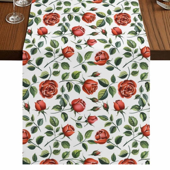 Table Runners 72 Inches Long Dress Scarves, Valentine's Day Farmhouse Kitchen Table Runner, Coffee Tablerunners, Red Roses Leaves Botanical Spring Watercolor 18x72 Inch