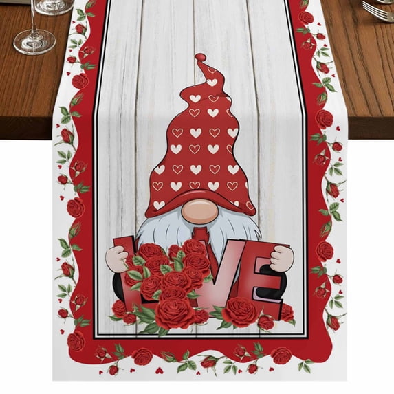 Table Runners 72 Inches Long Dress Scarves, Valentine's Day Farmhouse Kitchen Table Runner, Coffee Tablerunners, Romantic Roses Love Heart Gnomes Vintage 14x72 Inch