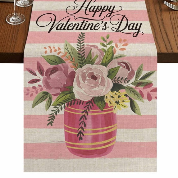 Table Runners 72 Inches Long Dress Scarves, Valentine's Day Farmhouse Kitchen Table Runner, Coffee Tablerunners, Roses Flowers Pink Stripes Country Beige 14x72 Inch