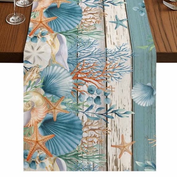 Table Runners 72 Inches Long Dress Scarves, Vintage Blue Coastal Farmhouse Kitchen/Dining Table Runner, Coffee Tablerunners, Summer Beach Starfish Shell Coral Nautical 16x72 Inch
