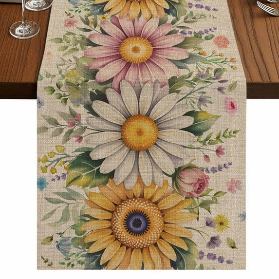 Table Runners 72 Inches Long Dress Scarves, Vintage Daisy Floral Farmhouse Kitchen/Dining Table Runner, Coffee Tablerunners, Spring Flowers Botanical Leaves Rustic 14x72 Inch
