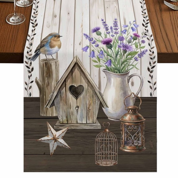 Table Runners 72 Inches Long Dress Scarves, Vintage Flowers Farmhouse Kitchen/Dining Table Runner, Coffee Tablerunners, Wooden Birds Retro Art Farmhouse 14x72 Inch