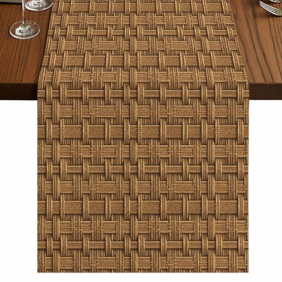 Table Runners 72 Inches Long Dress Scarves, Vintage Rattan Farmhouse Kitchen/Dining Table Runner, Coffee Tablerunners, Minimalist Abstract Wicker Texture Brown 14x72 Inch