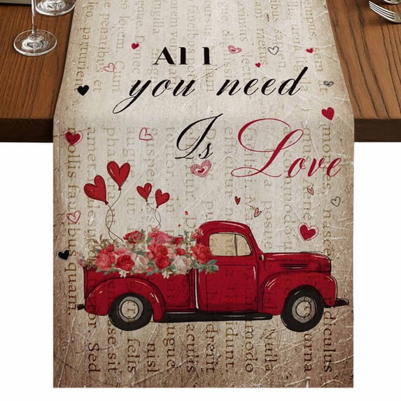 Table Runners 72 Inches Long Dress Scarves, Vintage Valentine's Day Farmhouse Kitchen Table Runner, Coffee Tablerunners, Truck Love Heart Roses Romantic Retro 16x72 Inch