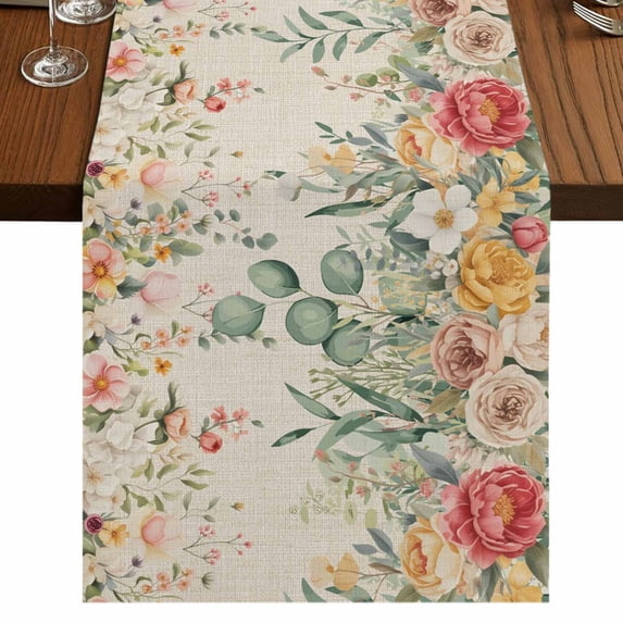Table Runners 72 Inches Long Dress Scarves, Watercolor Floral Farmhouse Kitchen/Dining Table Runner, Coffee Tablerunners, Spring Roses Eucalyptus Leaf Plants Beige 14x72 Inch