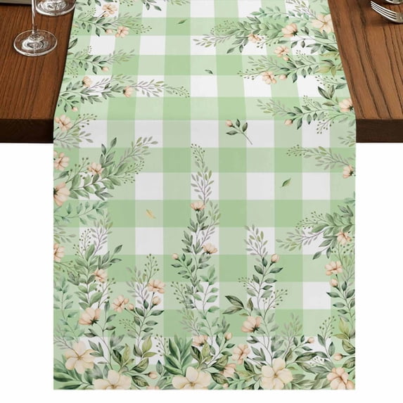 Table Runners 72 Inches Long Dress Scarves, Watercolor Floral Farmhouse Kitchen Table Runner, Coffee Tablerunners, Spring Flowers Leaves Botanical Green Plaid 16x72 Inch