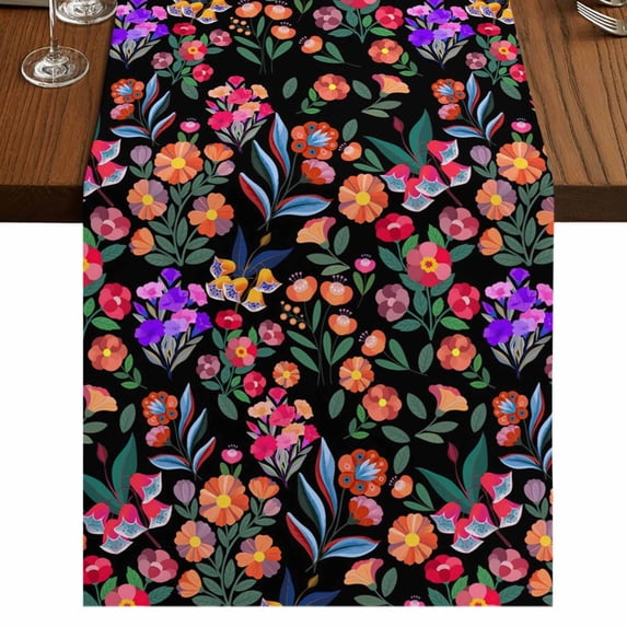 Table Runners 72 Inches Long Dress Scarves, Watercolor Flowers Farmhouse Kitchen/Dining Table Runner, Coffee Tablerunners, Retro Spring Floral Botanical Leaves Black 14x72 Inch