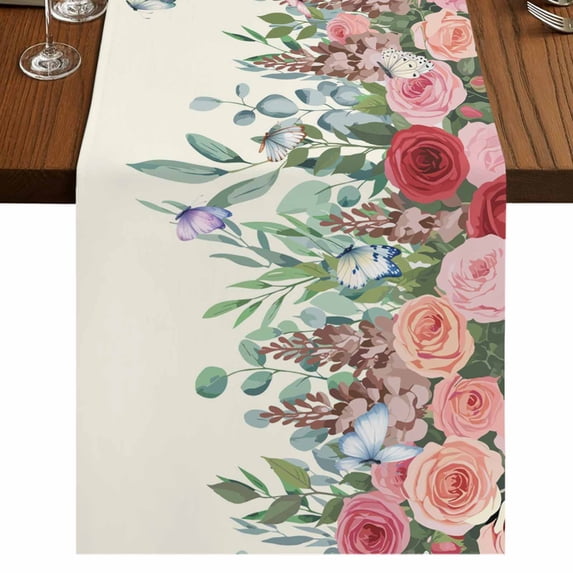Table Runners 72 Inches Long Dress Scarves, Watercolor Roses Farmhouse Kitchen Table Runner, Coffee Tablerunners, Spring Flowers Leaves Butterflies Light Beige 14x72 Inch