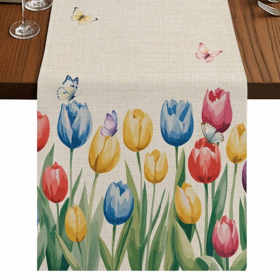 Table Runners 72 Inches Long Dress Scarves, Watercolor Tulips Farmhouse Kitchen Table Runner, Coffee Tablerunners, Spring Flowers Butterflies Leaves Beige 14x72 Inch