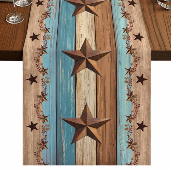 Table Runners 72 Inches Long Dress Scarves, Western Texas Star Retro Farmhouse Kitchen Table Runner, Coffee Tablerunners, Country Farmhouse Light Blue Brown Wooden 16x72 Inch