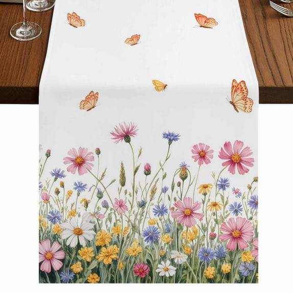Table Runners 72 Inches Long Dress Scarves, Wild Flowers Farmhouse Kitchen Table Runner, Coffee Tablerunners, Spring Butterfly Watercolor Country Floral 16x72 Inch