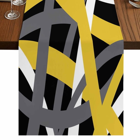 Table Runners 72 Inches Long Dress Scarves, Yellow Black Geometric Farmhouse Kitchen/Dining Table Runner, Coffee Tablerunners, Modern Art Abstract Grey Line 14x72 Inch