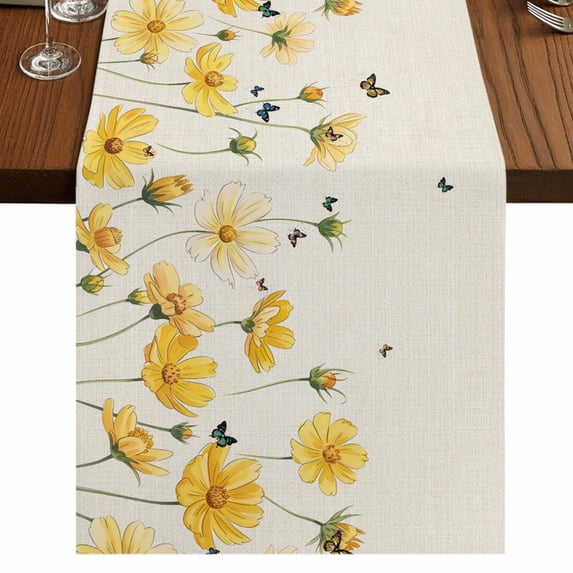 Table Runners 72 Inches Long Dress Scarves, Yellow Flowers Farmhouse Kitchen Table Runner, Coffee Tablerunners, Spring Floral Butterflies Pastoral 16x72 Inch