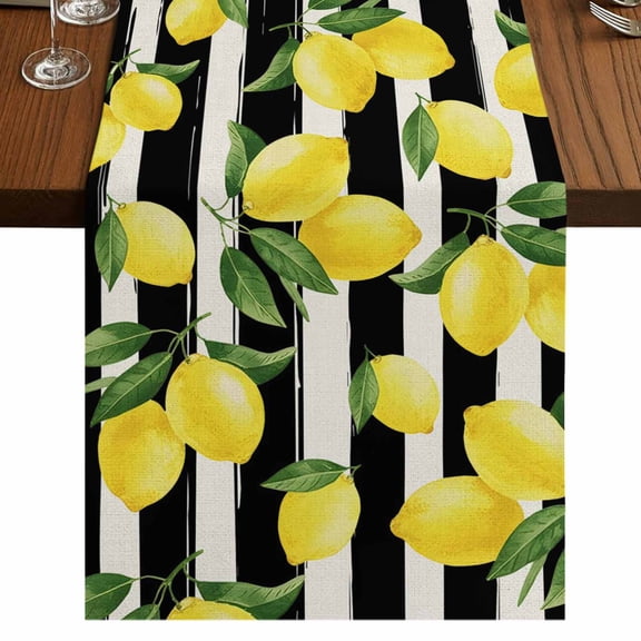 Table Runners 72 Inches Long Dress Scarves, Yellow Lemons Farmhouse Kitchen Table Runner, Coffee Tablerunners, Summer Citrus Fruits Leaves Black Stripes 16x72 Inch