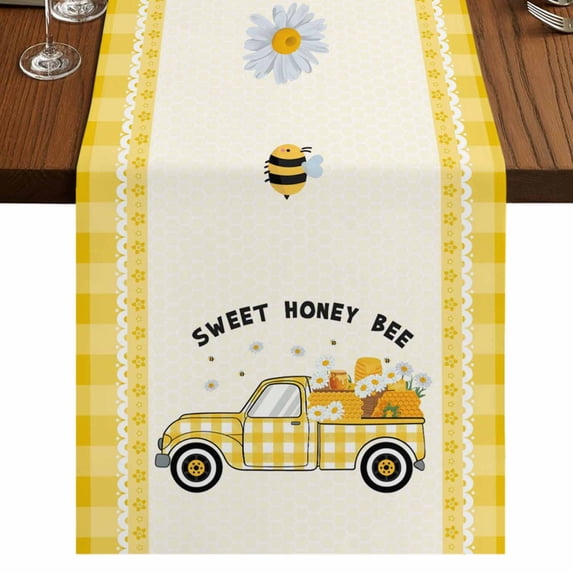 Table Runners 72 Inches Long Dress Scarves, Yellow Truck Farmhouse Kitchen/Dining Table Runner, Coffee Tablerunners, Spring Bees Daisy Car Star Buffalo Plaid Lines 18x72 Inch