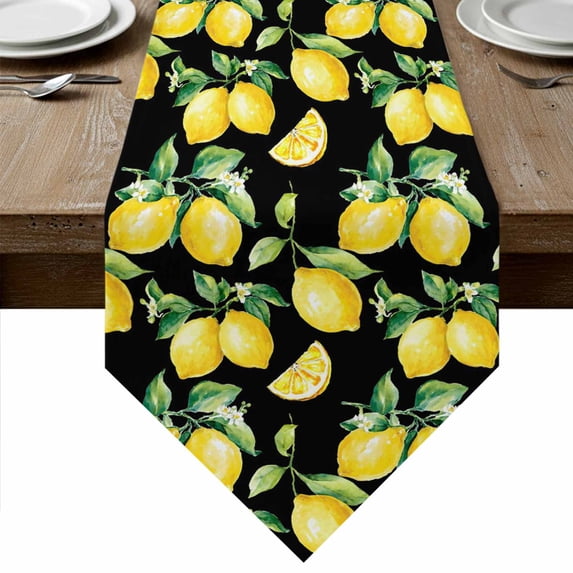Table Runners 72 Inches Long, Lemon Black Cotton Linen Kitchen Dining Coffee Table Runner for Party Home Decor, Country Fruit Watercolor Farmhouse Plant Tabletop Dresser Scarves Runner 14x72 Inch